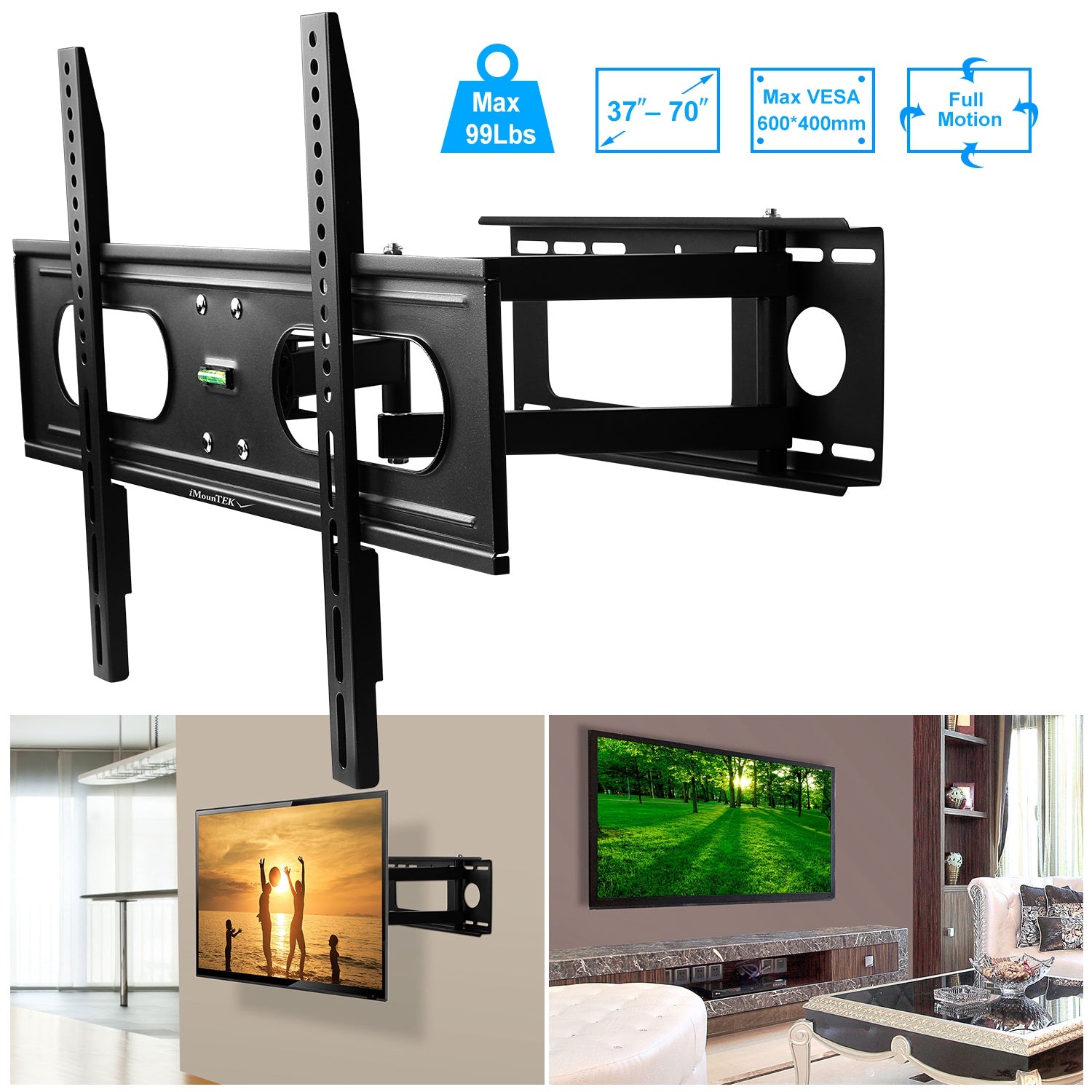 1Pc Full Motion TV Wall Mount Swivel Tilt TV Wall Rack Support 37in To 70in TV Wall Mount Max VESA Up To 600x400mm Holds Up To 99LBS - Nook & Nest
