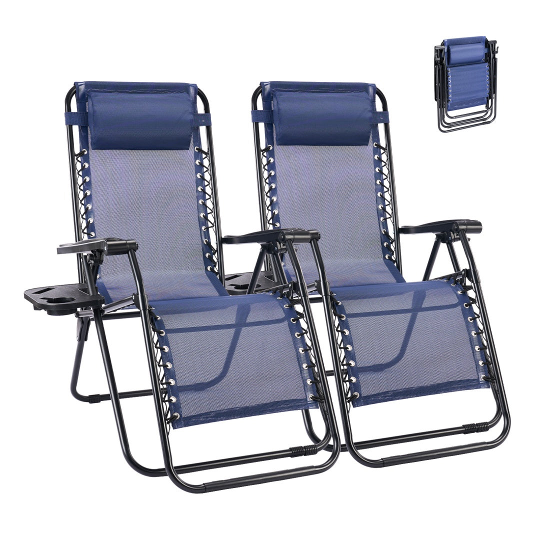 Outdoor Lounge Chairs, 2 Sets Patio Folding Recliners For Pool Beach With Pillow And Cup Holder - Nook & Nest