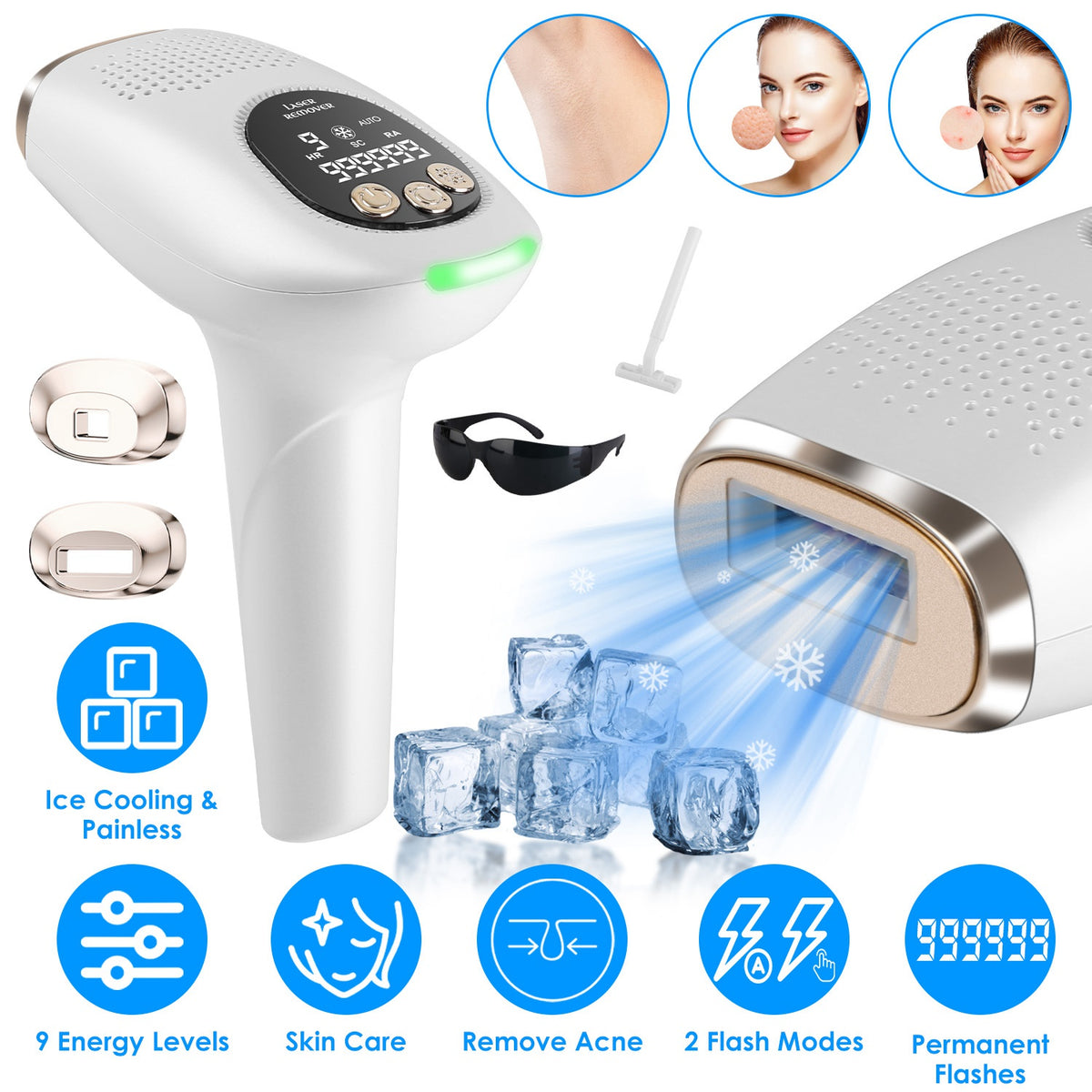 3 In 1 Ice Cooling Laser Hair Removal Device Painless Permanent At-Home IPL Hair Removal With 999,999 Flashes 9 Energy Levels 2 Modes For Armpits Legs Arms Bikini Line - Nook & Nest