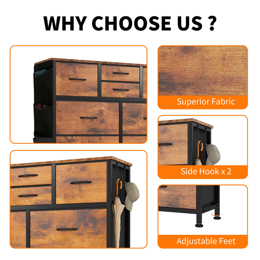 10-Drawer Dresser With Side Pocket & Hooks, Storage Cabinet With Wood Top For Bedroom Closet Organization - Nook & Nest