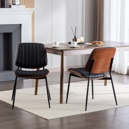 Dining Chairs Set Of 2 Mid Century Modern Retro Faux Leather Chair With Walnut Bentwood Back Upholstered Seat Metal Legs Adjustable Foot For Kitchen Dining Room Chairs - Nook & Nest