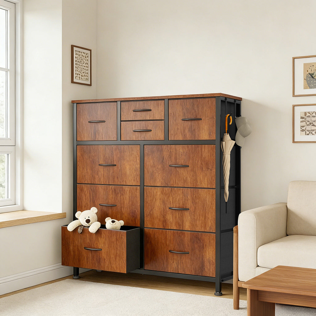 10-Drawer Dresser With Side Pocket & Hooks, Storage Cabinet With Wood Top For Bedroom Closet Organization - Nook & Nest