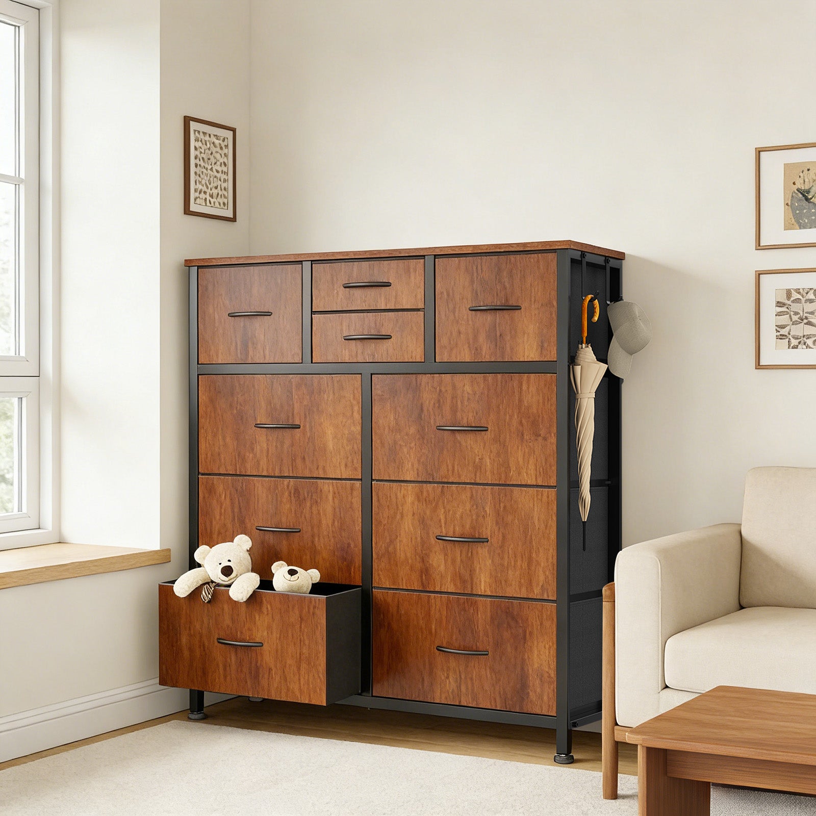 10-Drawer Dresser With Side Pocket & Hooks, Storage Cabinet With Wood Top For Bedroom Closet Organization - Nook & Nest