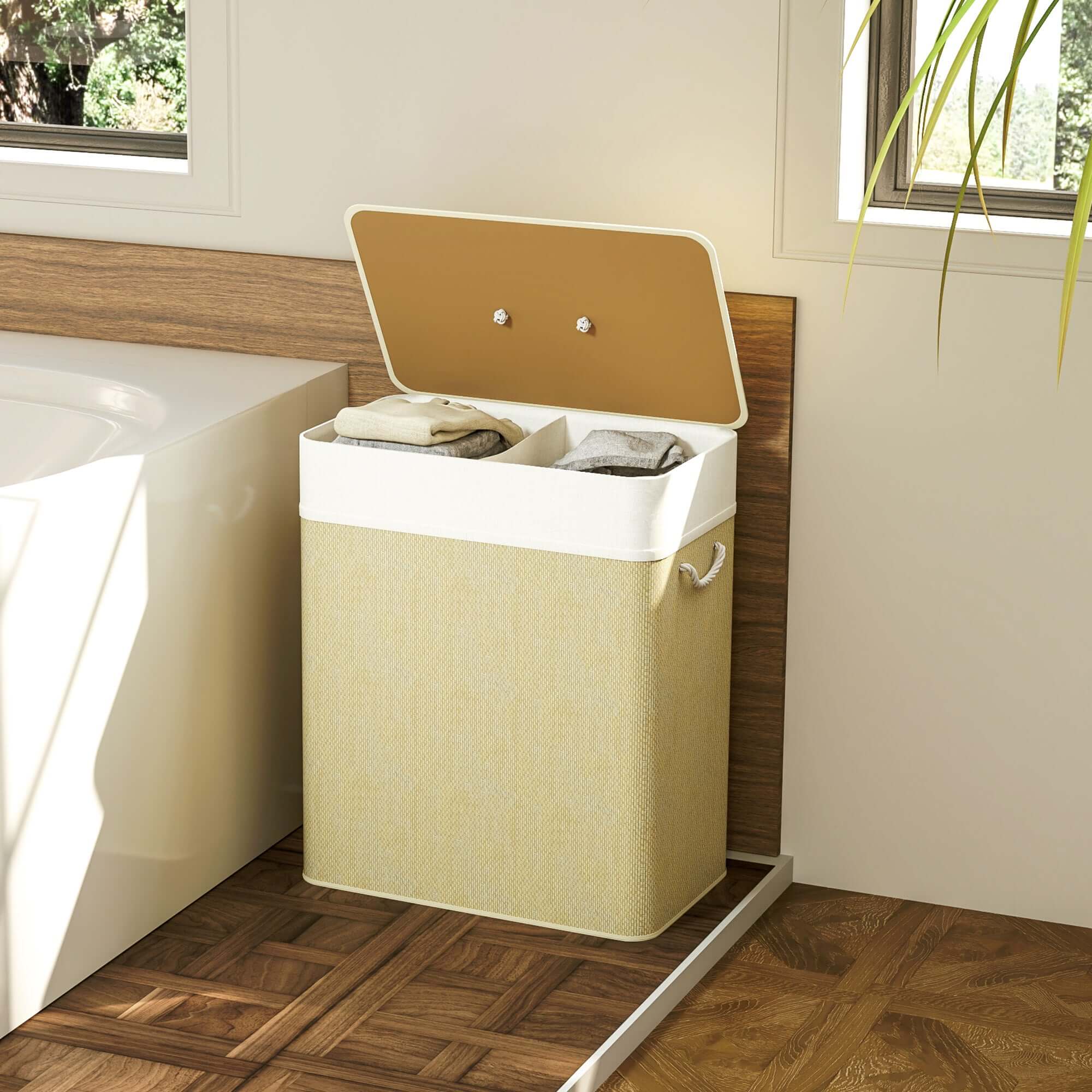 Transform Your Laundry Routine with Our Double Bamboo Laundry Hamper with Lid – 26.4 Gal, Removable Bags - Nook & Nest