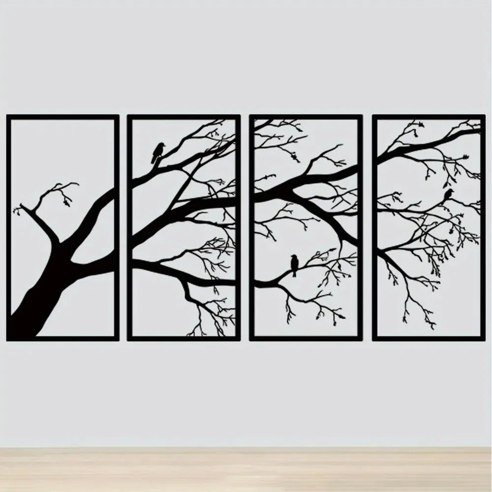 CIFbuy Minimalist Nature Wall Art: Elegant Iron Bare Branch & Bird 4-Panel Decor - Nook & Nest