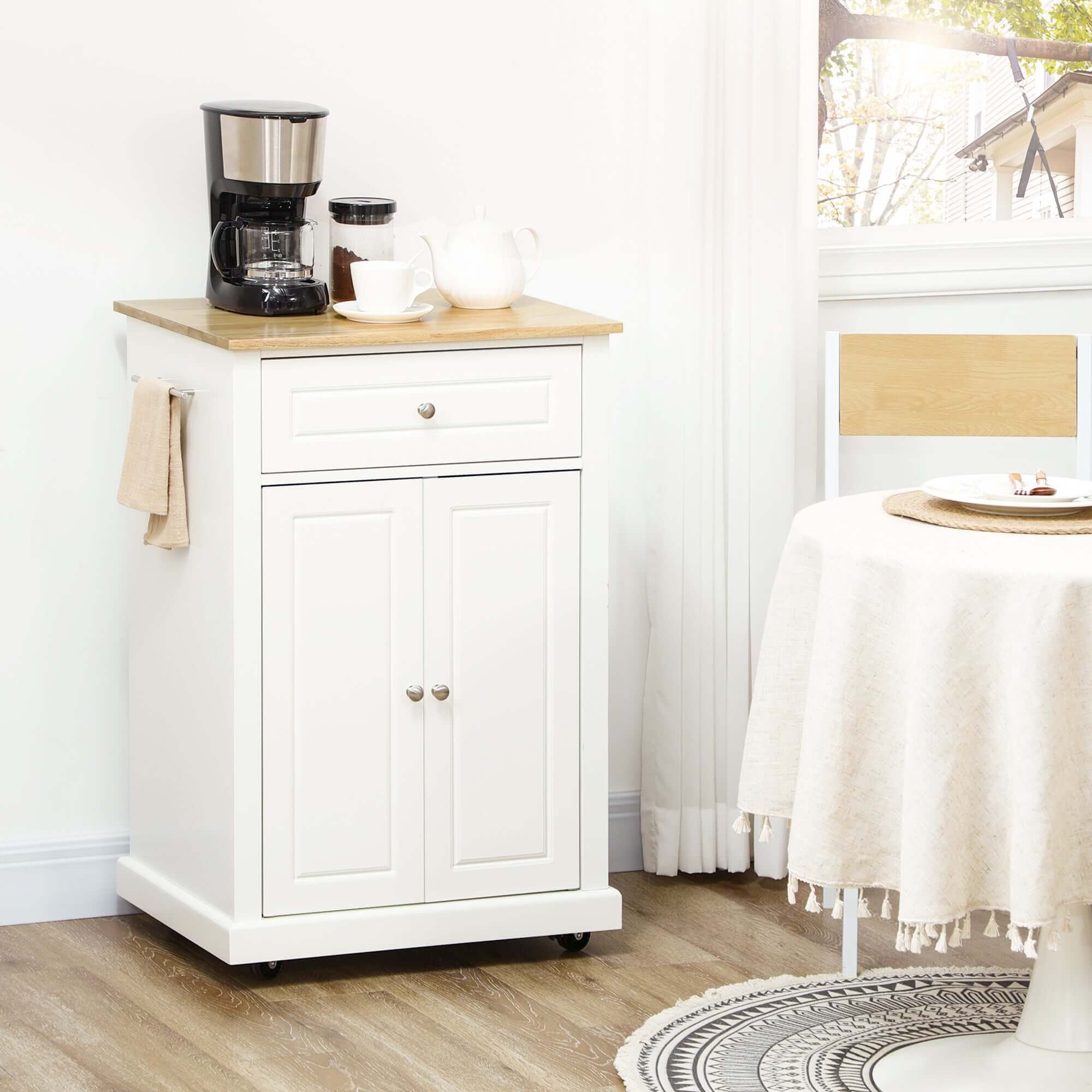 Compact Kitchen Rolling Cart – Elevate Your Culinary Experience with Cream White & Wood Top - Nook & Nest