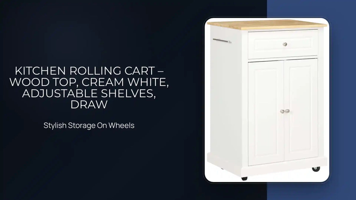 Kitchen Rolling Cart &ndash; Wood Top, Cream White, Adjustable Shelves, Draw by@Outfy