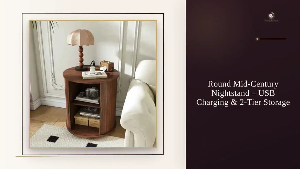 Round Mid-Century Nightstand &ndash; USB Charging &amp; 2-Tier Storage by@Outfy