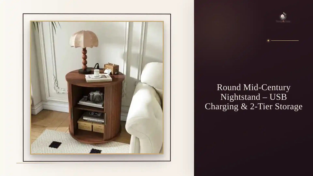 Round Mid-Century Nightstand &ndash; USB Charging &amp; 2-Tier Storage by@Outfy