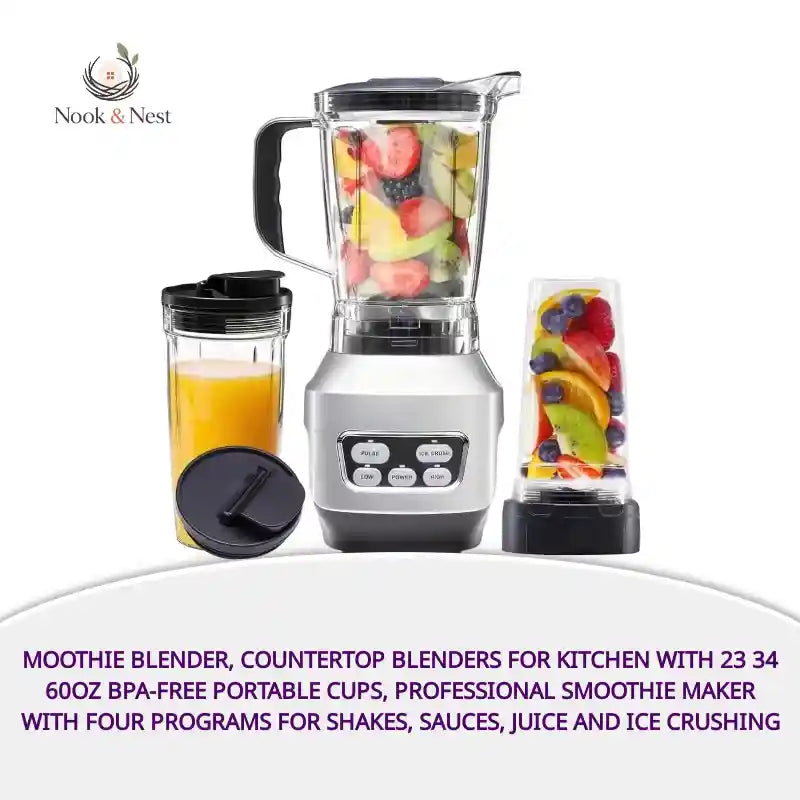 Moothie Blender, Countertop Blenders For Kitchen With 23 34 60oz BPA-Free Portable Cups, Professional Smoothie Maker With Four Programs For Shakes, Sauces, Juice And Ice Crushing by@Outfy