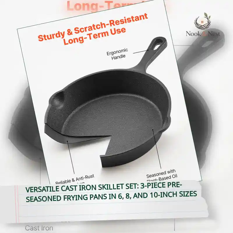 Versatile Cast Iron Skillet Set: 3-Piece Pre-Seasoned Frying Pans in 6, 8, and 10-Inch Sizes by@Outfy