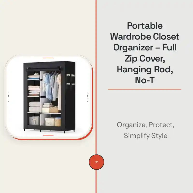 Portable Wardrobe Closet Organizer &ndash; Full Zip Cover, Hanging Rod, No-T by@Outfy