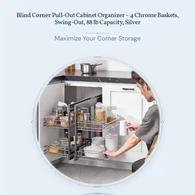 Blind Corner Pull-Out Cabinet Organizer &ndash; 4 Chrome Baskets, Swing-Out, 88 lb Capacity, Silver by@Outfy