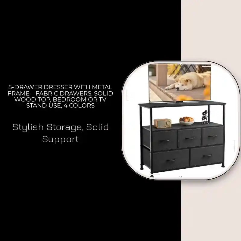 5-Drawer Dresser with Metal Frame &ndash; Fabric Drawers, Solid Wood Top, Bedroom or TV Stand Use, 4 Colors by@Outfy