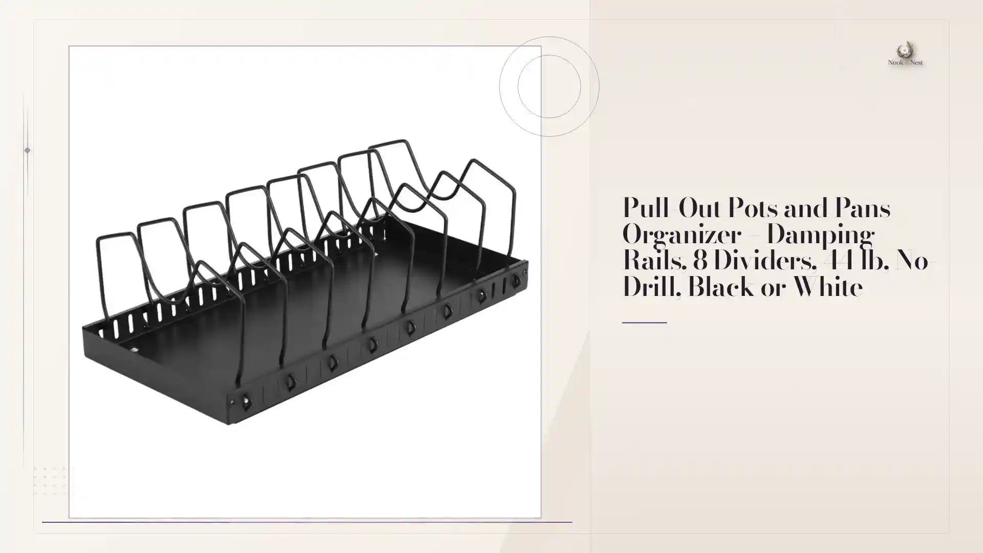 Pull-Out Pots and Pans Organizer &ndash; Damping Rails, 8 Dividers, 44 lb, No-Drill, Black or White by@Outfy