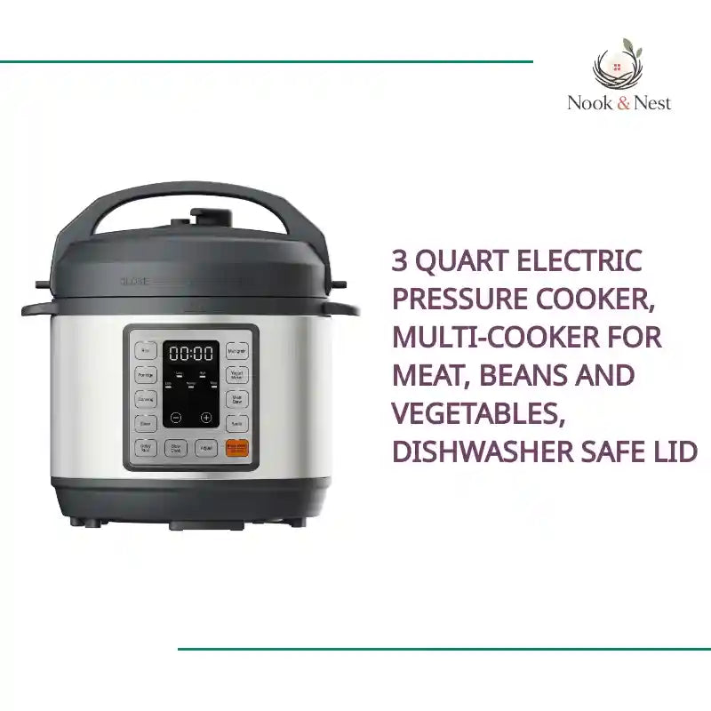 3 Quart Electric Pressure Cooker, Multi-Cooker For Meat, Beans And Vegetables, Dishwasher Safe Lid by@Outfy