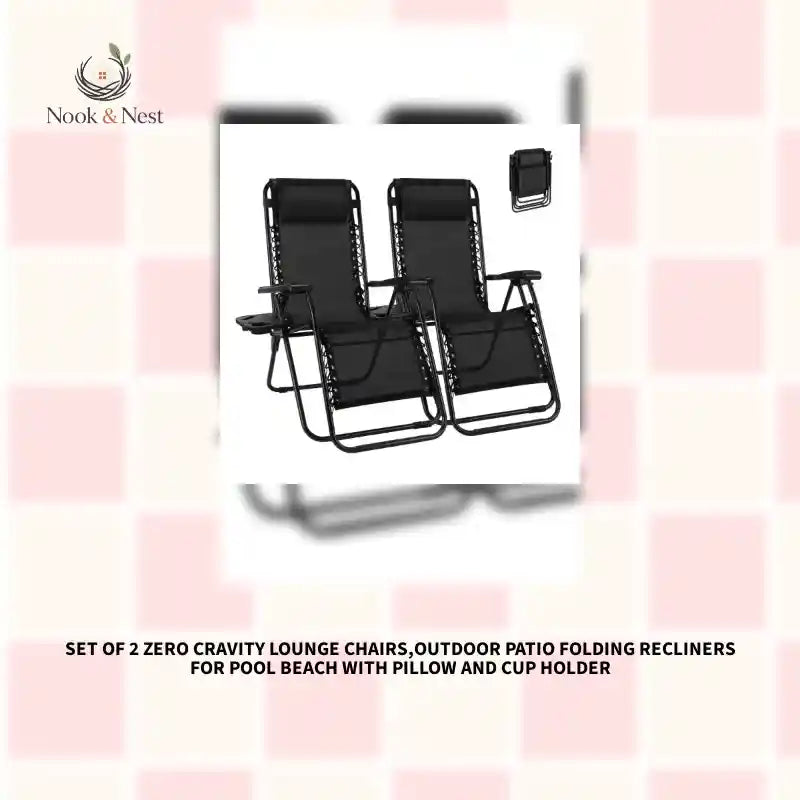 Set Of 2 Zero Cravity Lounge Chairs,Outdoor Patio Folding Recliners For Pool Beach With Pillow And Cup Holder by@Outfy