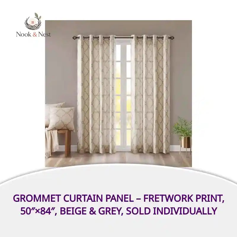 Grommet Curtain Panel &ndash; Fretwork Print, 50&Prime;&times;84&Prime;, Beige & Grey, Sold Individually by@Outfy