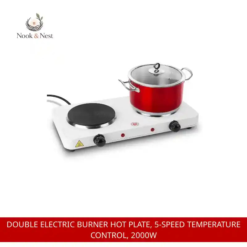 Double Electric Burner Hot Plate, 5-Speed Temperature Control, 2000W by@Outfy
