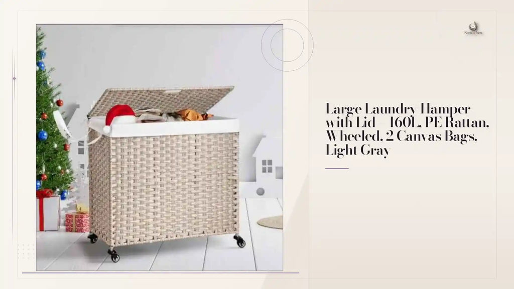 Large Laundry Hamper with Lid &ndash; 160L, PE Rattan, Wheeled, 2 Canvas Bags, Light Gray by@Outfy