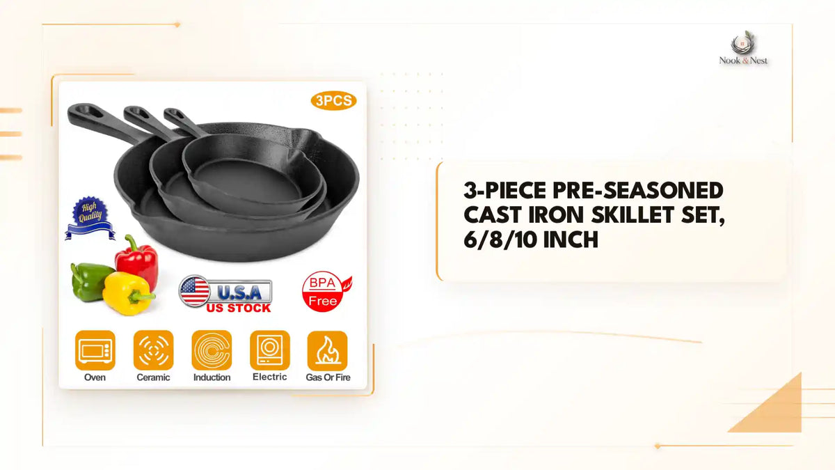 3-Piece Pre-Seasoned Cast Iron Skillet Set, 6/8/10 Inch by@Outfy