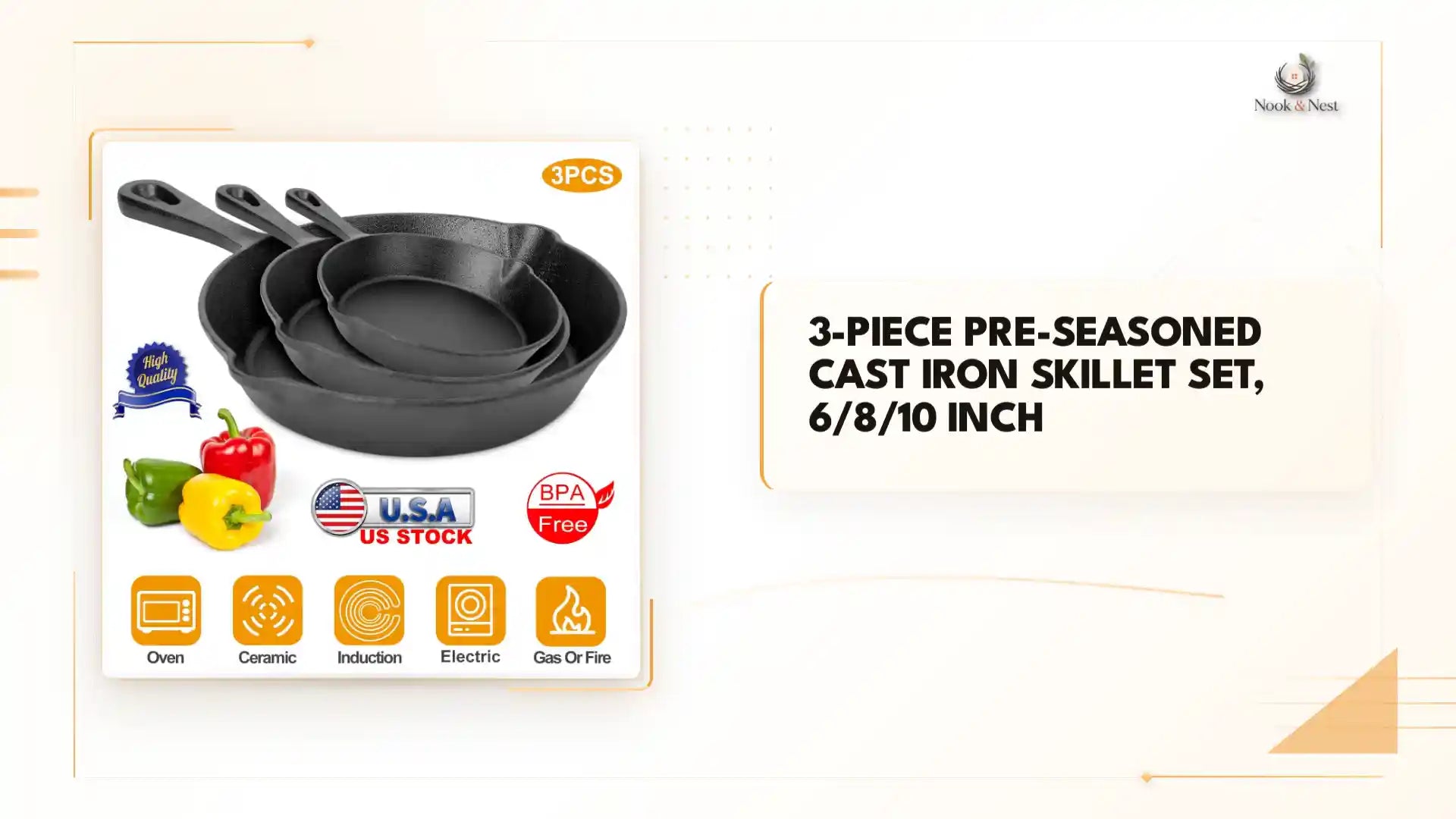 3-Piece Pre-Seasoned Cast Iron Skillet Set, 6/8/10 Inch by@Outfy