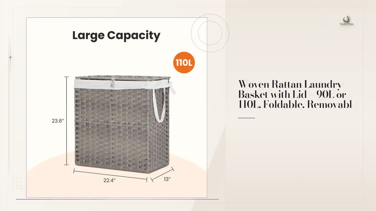 Woven Rattan Laundry Basket with Lid &ndash; 90L or 110L, Foldable, Removabl by@Outfy