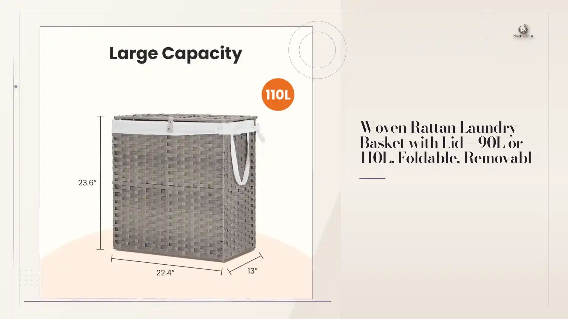 Woven Rattan Laundry Basket with Lid &ndash; 90L or 110L, Foldable, Removabl by@Outfy