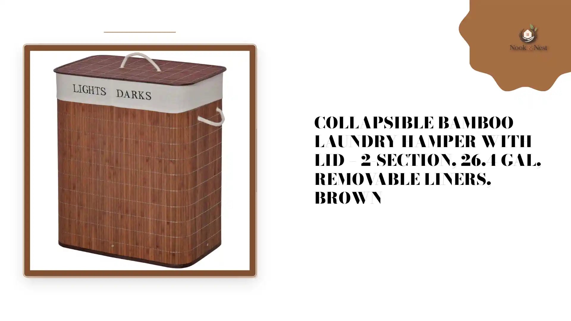 Collapsible Bamboo Laundry Hamper with Lid &ndash; 2-Section, 26.4 Gal, Removable Liners, Brown by@Outfy