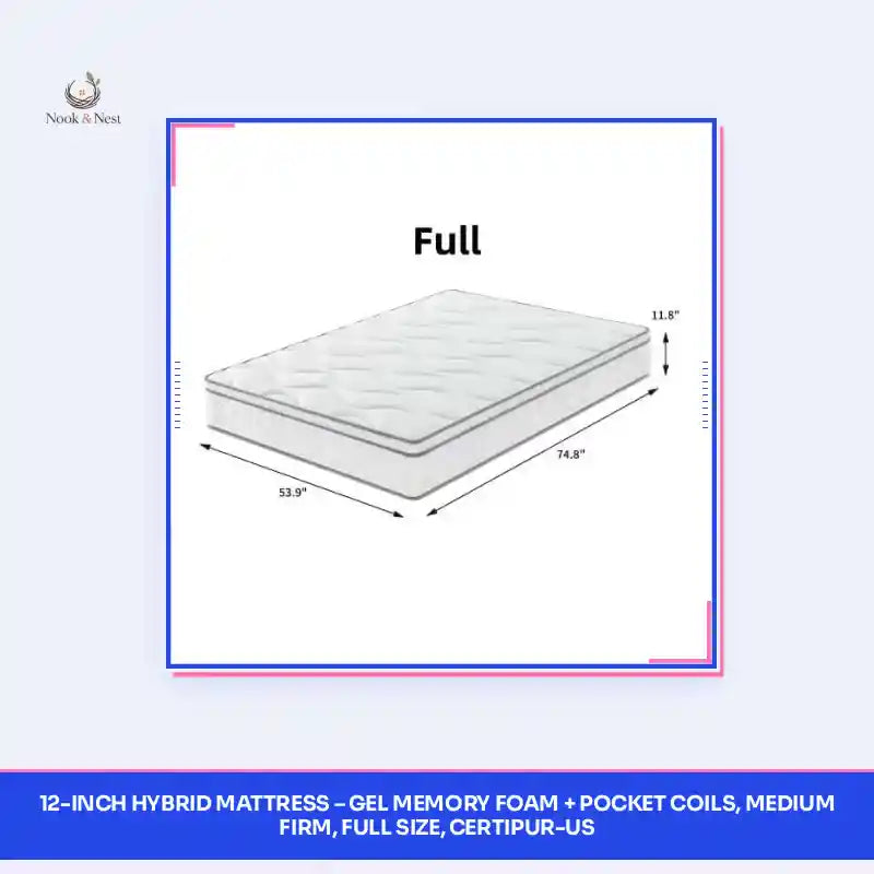 12-Inch Hybrid Mattress &ndash; Gel Memory Foam + Pocket Coils, Medium Firm, Full Size, CertiPUR-US by@Outfy