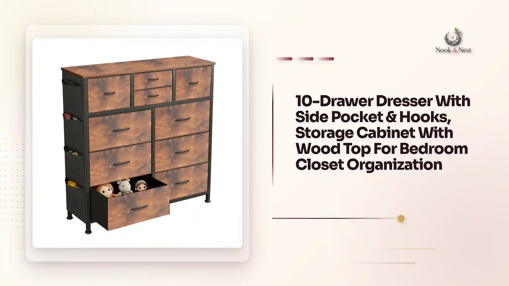 10-Drawer Dresser With Side Pocket &amp; Hooks, Storage Cabinet With Wood Top For Bedroom Closet Organization by@Outfy