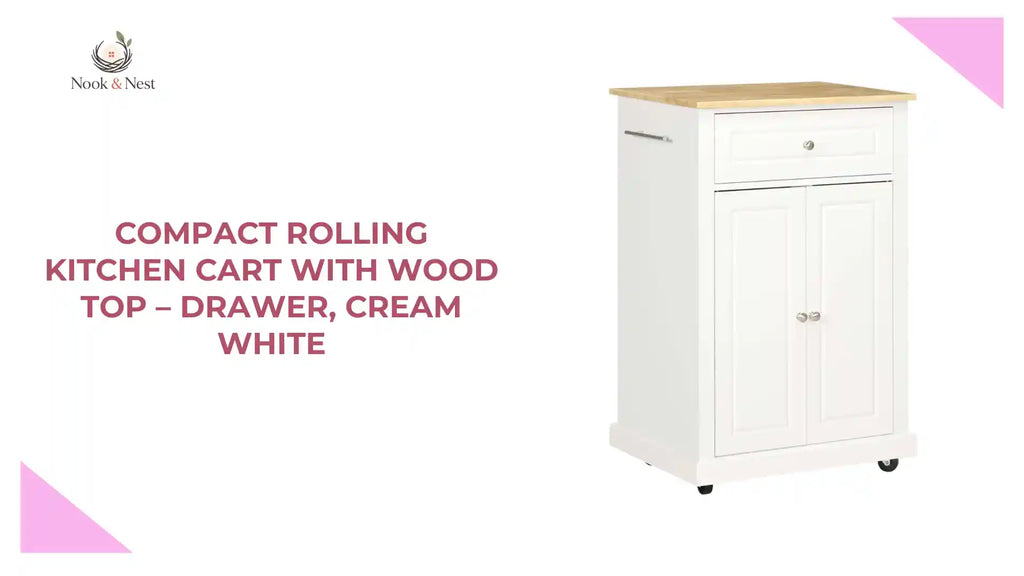 Compact Rolling Kitchen Cart with Wood Top &ndash; Drawer, Cream White by@Outfy