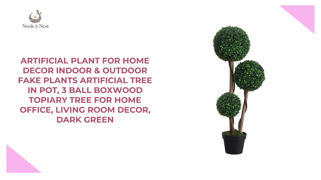Artificial Plant for Home Decor Indoor &amp; Outdoor Fake Plants Artificial Tree in Pot, 3 Ball Boxwood Topiary Tree for Home Office, Living Room Decor, Dark Green by@Outfy